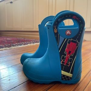 Crocs race car rain boots